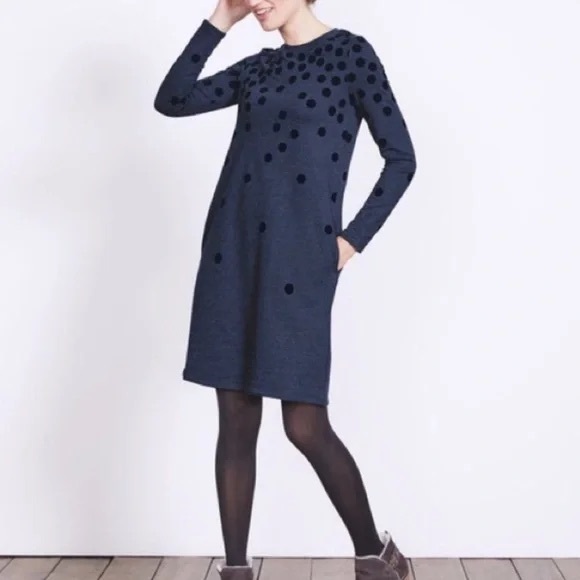 BODEN 100% COTTON FLOCKED DOT DRESS SIZE 14 NAVY WITH POCKETS SUPER SOFT - Picture 1 of 7